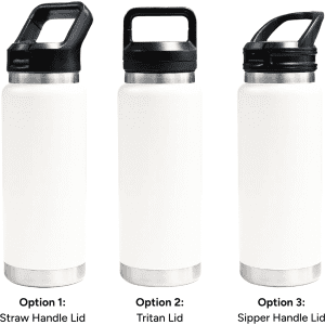 A drink bottle featuring three different lid options: a straw handle lid, Tritan lid, and sipper handle lid, in white with stainless steel.