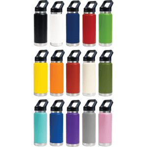 A drink bottle collection featuring 15 colours, including black, white, red, green, and blue, with various lid options.