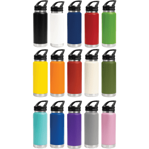 A drink bottle collection featuring various colours: black, white, red, green, yellow, orange, and more. Each has a black lid.
