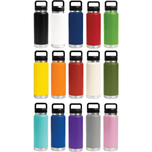 A drink bottle collection in various colours, featuring a stainless steel base and three different lid options.