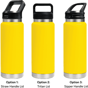 A drink bottle in vibrant yellow, featuring three lid options: Straw Handle Lid, Tritan Lid, and Sipper Handle Lid.