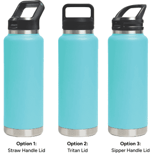 A drink bottle in light blue with three lid options: straw handle, Tritan lid, and sipper handle. Features a logo.
