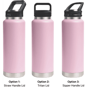 A drink bottle in pink featuring three lid options: straw handle, Tritan, and sipper handle. Each has a stainless steel base.