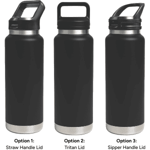 A drink bottle in black featuring three lid options: Straw Handle Lid, Tritan Lid, and Sipper Handle Lid.