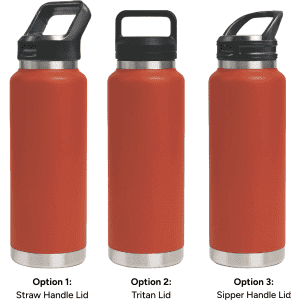 A drink bottle in vibrant orange with three different lid options: straw handle, Tritan lid, and sipper handle.