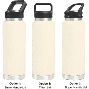 A drink bottle featuring a cream colour and three lid options: straw handle, Tritan lid, and sipper handle.