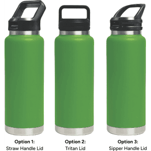 A drink bottle set featuring three green vacuum bottles with different lid options: straw handle, Tritan, and sipper handle.