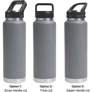 A drink bottle in grey featuring three lid options: Straw Handle Lid, Tritan Lid, and Sipper Handle Lid.
