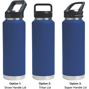 A drink bottle in blue, featuring three lid options: straw handle, Tritan lid, and sipper handle. Equipped with a logo.