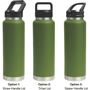A drink bottle in green, featuring three lid options: straw handle, Tritan lid, and sipper handle. It includes branding.