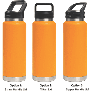 A drink bottle in bright orange with three different lid options: Straw Handle, Tritan, and Sipper Handle.