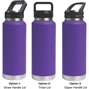 A drink bottle in purple, featuring three different lid options: straw handle, Tritan lid, and sipper handle.