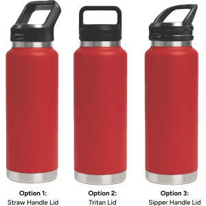 A drink bottle in red, featuring three different lid options: straw handle, Tritan, and sipper handle.