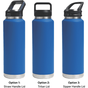 A drink bottle set featuring three blue 1L vacuum bottles with different lid options: straw handle, Tritan, and sipper handle.
