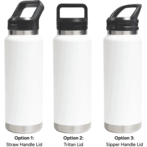 A drink bottle in white with three lid options: Straw Handle, Tritan Lid, and Sipper Handle, featuring a stainless steel base.