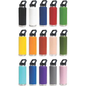 A drink bottle collection featuring 15 bottles in various colours, including black, white, red, green, and blue, with a logo.