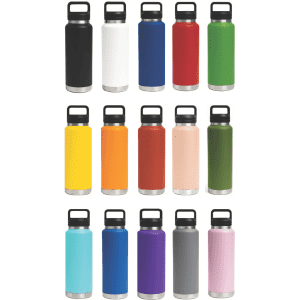 A drink bottle collection featuring 16 vacuum bottles in various colours, each with a stainless steel base and a lid.