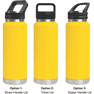 A drink bottle in vibrant yellow with three lid options: straw handle, Tritan lid, and sipper handle.