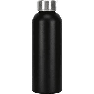 A drink bottle made from recycled aluminium, featuring a sleek black finish and a silver metal cap.