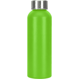 A drink bottle in vibrant green, made from recycled aluminium with a stainless steel lid and features a logo.