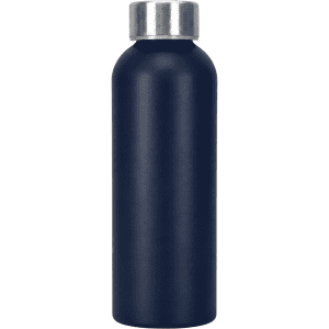 A drink bottle made of recycled aluminium in navy blue with a silver metal cap and a smooth finish.