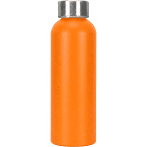 A drink bottle in vibrant orange with a stainless steel cap and a smooth finish. It features a logo.