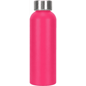 A drink bottle made of recycled aluminium, featuring a bright pink finish and a silver screw cap.