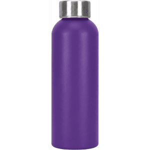A drink bottle made of recycled aluminium, featuring a sleek purple design and a metallic silver cap.