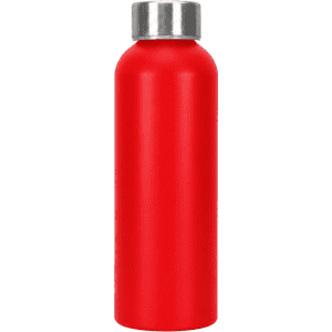 A drink bottle in bright red with a stainless steel cap, featuring a minimalist design.