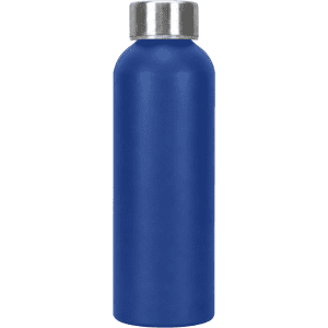 A drink bottle in a vibrant blue colour with a silver screw-top lid and a smooth finish. It features a logo.