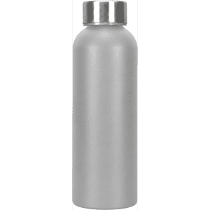A drink bottle made of recycled aluminium in a sleek silver finish. Features a metal screw-on lid and a logo.