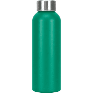 A drink bottle in a vibrant teal colour with a silver stainless steel lid and a smooth finish.