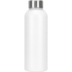 A drink bottle made from recycled aluminium, featuring a sleek white design and a metal cap.
