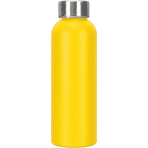 A drink bottle in vibrant yellow with a stainless steel cap, featuring a smooth, sleek design.