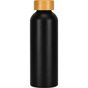 A drink bottle made of recycled aluminium, featuring a sleek black body and a wooden-style cap.