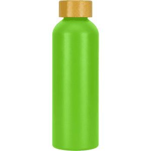 A drink bottle in vibrant green with a wooden lid, featuring a logo on the side.
