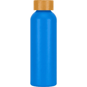 A drink bottle in bright blue with a golden cap, featuring a logo on its surface.