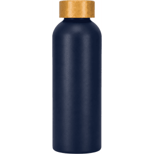 A drink bottle made from recycled aluminium in dark navy with a gold cap and a logo.