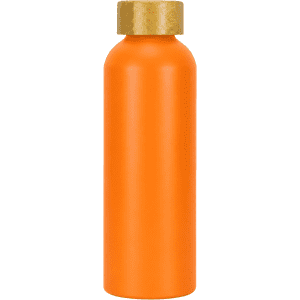 A drink bottle in bright orange with a gold lid, featuring a logo. Made from recycled aluminium.