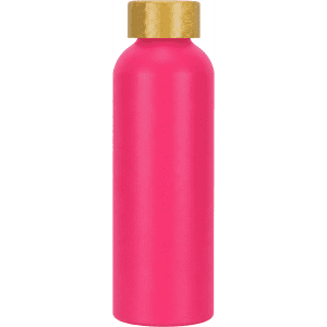 A drink bottle in vibrant pink with a gold cap and a logo displayed on its surface.
