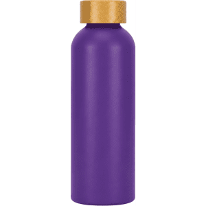 A drink bottle in a vibrant purple colour with a gold cap, featuring a logo on its surface.