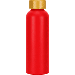 A drink bottle in bright red with a gold cap. Features a logo on the surface.