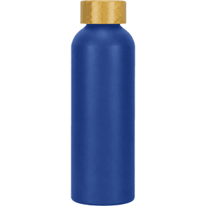 A drink bottle in vibrant blue with a gold cap. Features a logo on the surface. Made from recycled aluminium.