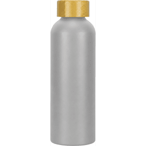 A drink bottle in silver with a gold cap, made from recycled aluminium, featuring a logo.