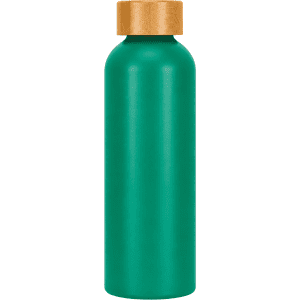 A drink bottle in teal with a wooden cap. The bottle has a sleek, smooth finish and features a logo.