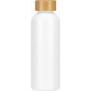 A drink bottle in white aluminium with a natural wooden screw cap and a small logo on the surface.