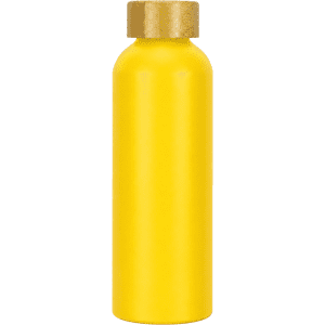 A drink bottle in vibrant yellow with a gold cap, featuring a logo on its surface.