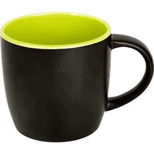 A coloured coffee mug featuring a matte black exterior and a bright green interior. Logo present on the mug.