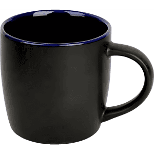 A black coffee mug with a blue rim and a handle, featuring a smooth finish and a glossy interior.