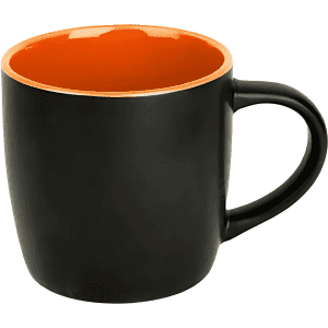 A black coffee mug with an orange interior, featuring a curved handle and a glossy finish.